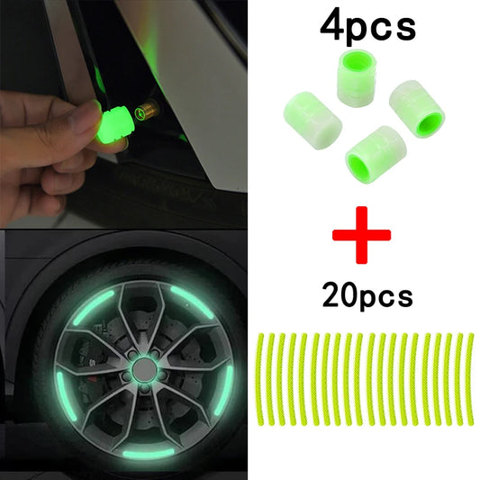 Car Wheel Reflective Stickers Luminous Valve Caps Fluorescent Motorcycle Bicycle Wheel Styling Tyre Hub Universal Accessories