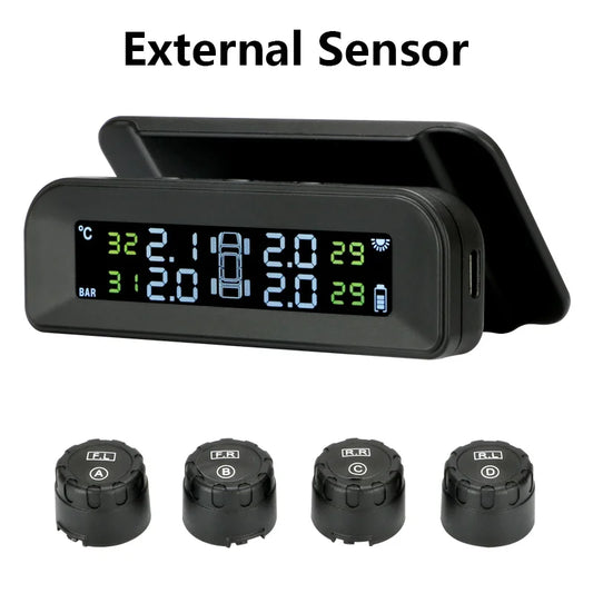 TPMS Car Tire Pressure Alarm Monitor System Automatic Brightness Control Wireless Solar Power 4 Sensors Decoration Accessories